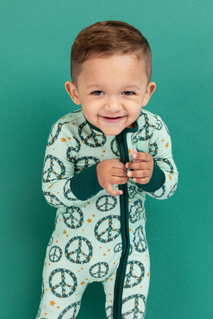 Bird & Bean Bamboo One Piece Zip Pajama - Peace + Joy *