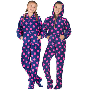 Footed Pajamas Co. Family Matching Navy Pink Polka Hoodie Chenille Onesie*