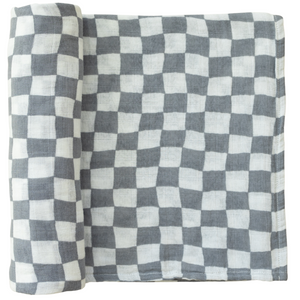 Mebie Baby Dusty Blue Wavy Checkered Muslin Swaddle Blanket *