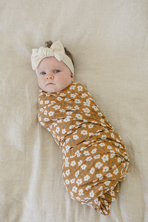 Mebie Baby Mustard Floral Bamboo Stretch Swaddle *