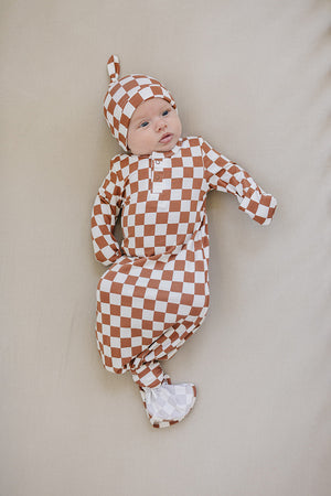 Mebie Baby Rust Checkered Bamboo Knot Gown *