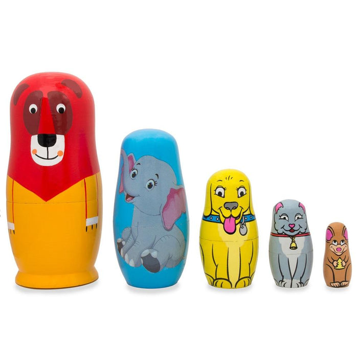 5 Animals Lion, Elephant, Dog & Cat Wooden Nesting Dolls 5.75 Inches *