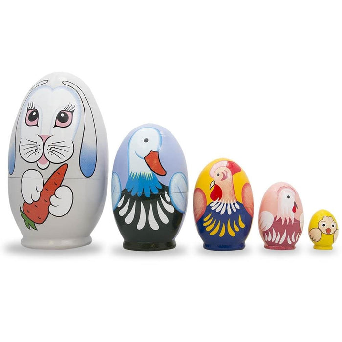 5 Bunny, Duck, Rooster, Hen & Chick Egg Shape Wooden Nesting Dolls 5 Inches *