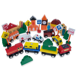 Set of 40 Pieces City Vehicles, Buildings, and Signs Wooden Blocks *