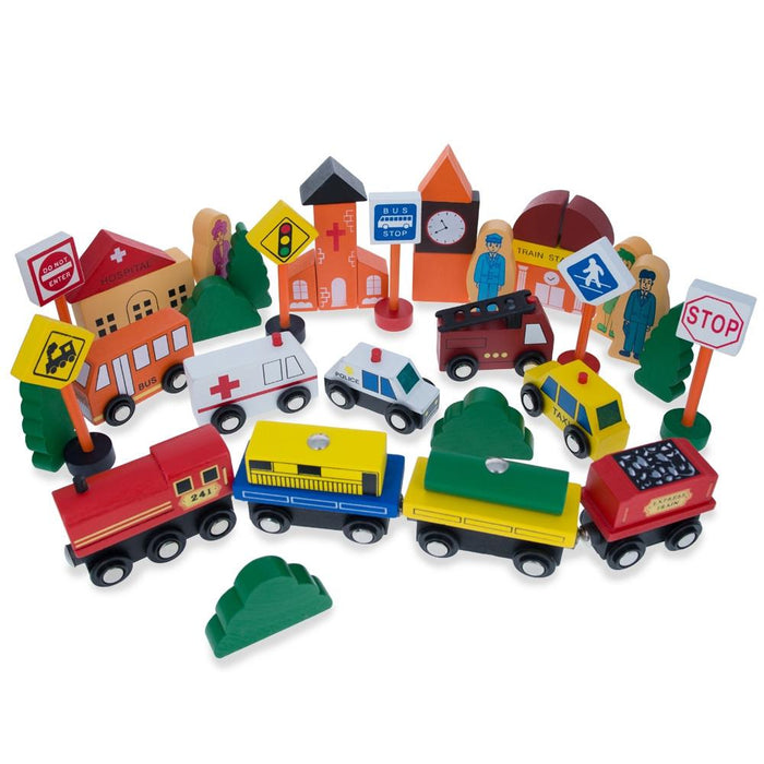 Set of 40 Pieces City Vehicles, Buildings, and Signs Wooden Blocks *